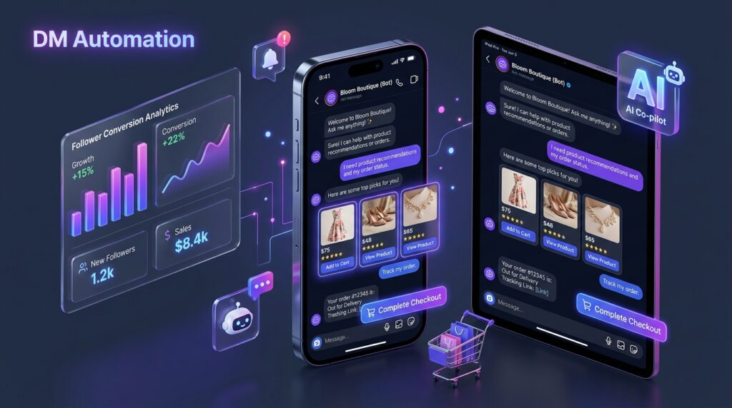 AI Instagram DM Automation dashboard displaying automated product recommendations, order tracking, and sales analytics