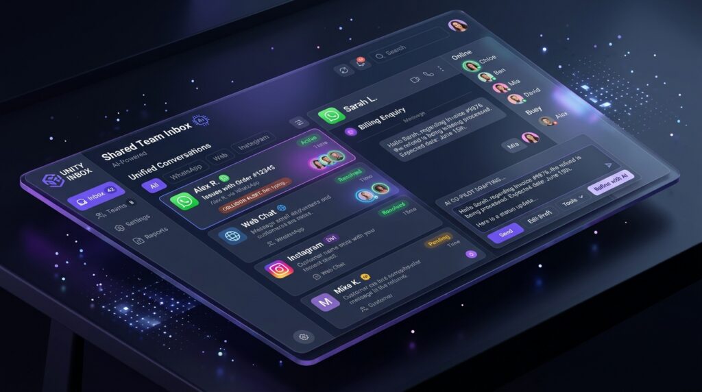 AI Shared Team Inbox dashboard showing unified WhatsApp, Website Chat, and Instagram messages with collision detection