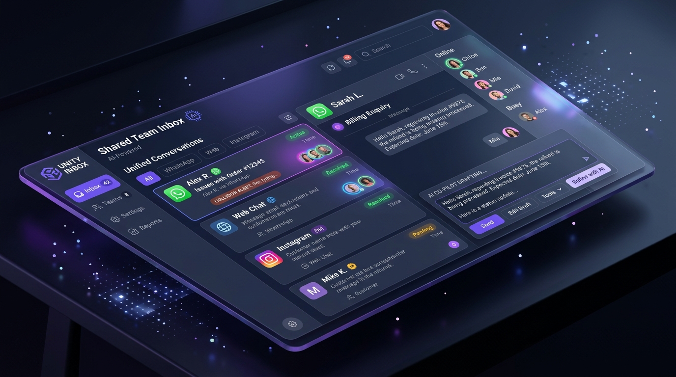 AI Shared Team Inbox dashboard showing unified WhatsApp, Website Chat, and Instagram messages with collision detection