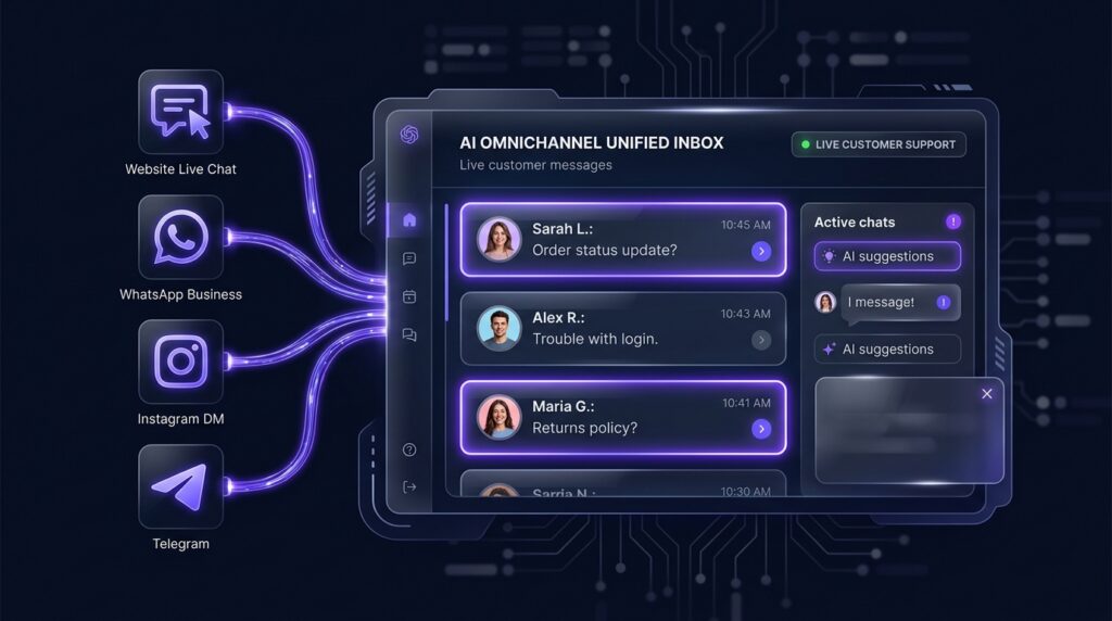 AI Omnichannel Unified Customer Support Inbox - Website, WhatsApp, Instagram, Telegram