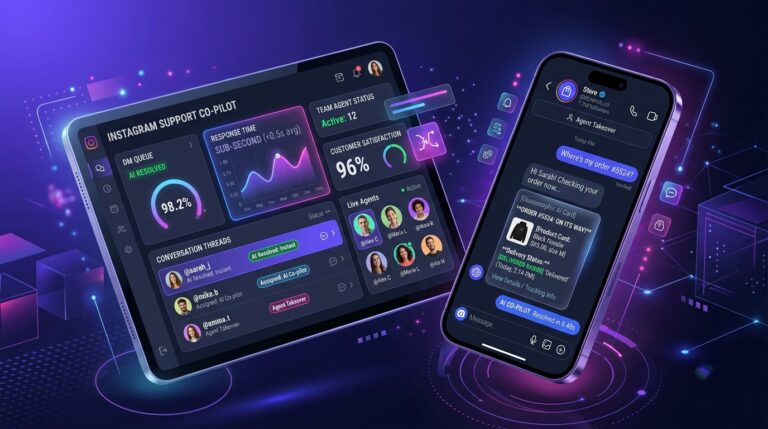 AI Instagram DM Automation support co-pilot dashboard showing real-time agent presence, order tracking, and sub-second response metrics